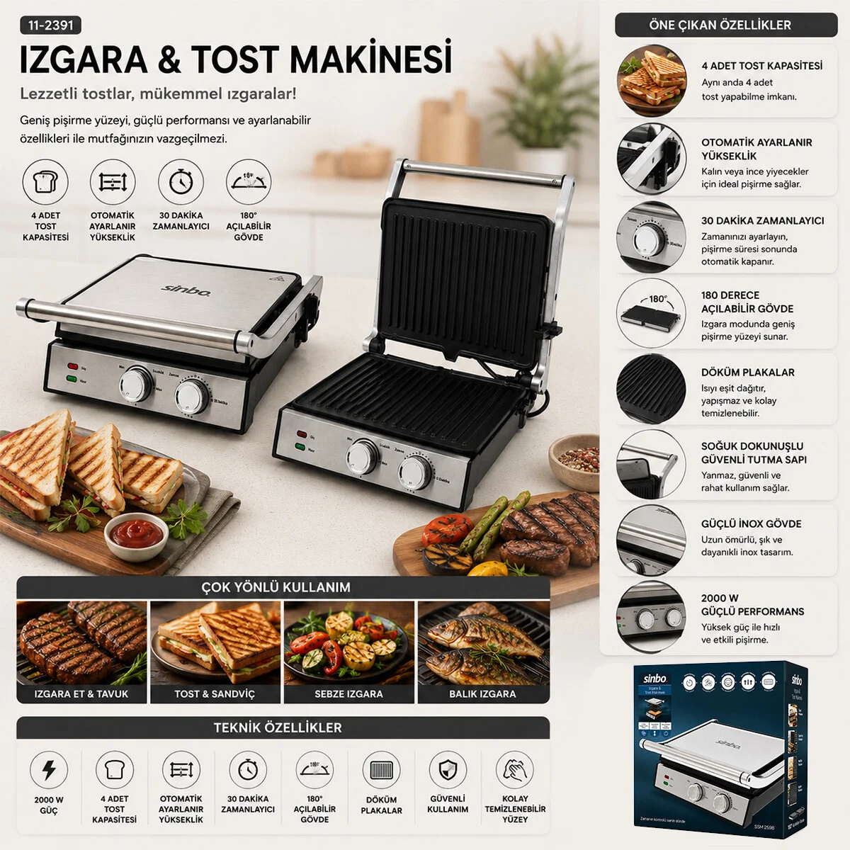 Izgara Ve Tost Makinesi 4 Dilim Yapışmaz Yüzey 2000W SSM-2598 görsel 2