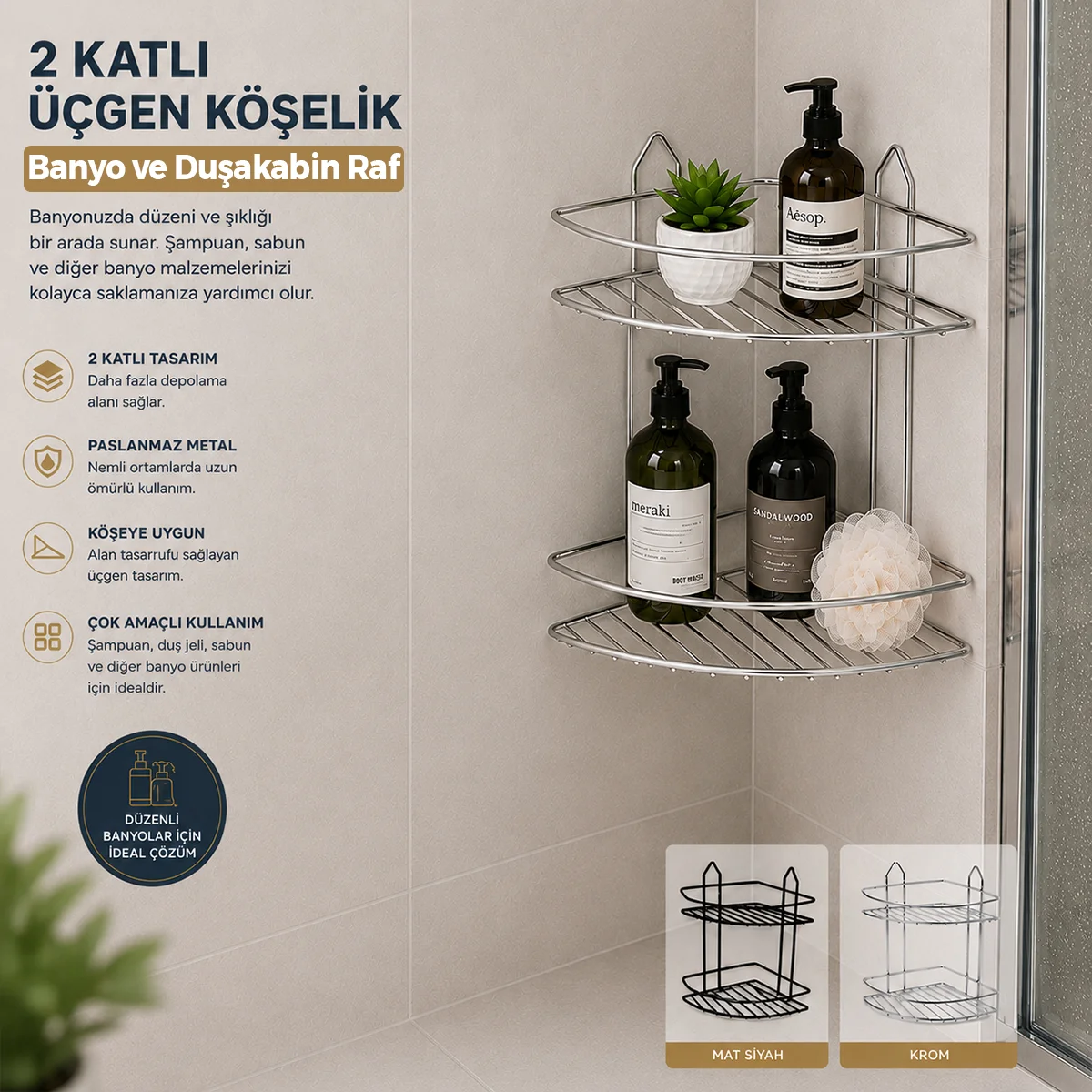 Çift Katlı Krom Metal Banyo Köşeliği - Üçgen Duş Rafı görsel 3