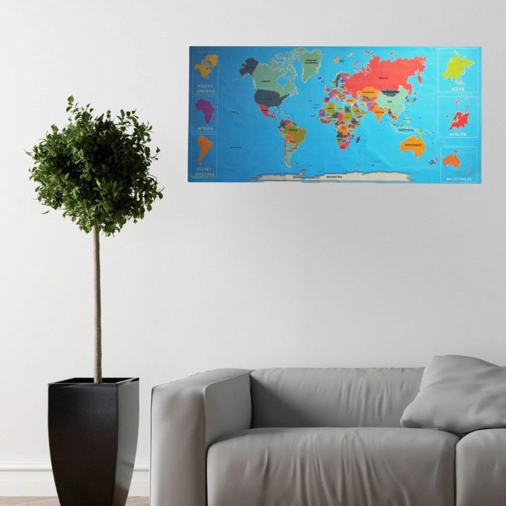 Renkli Atlas Dünya Haritası Manyetik Yapıştırıcı Gerektirmeyen Duvar Stickerı 118 CM * 56 CM (adet fiyatıdır) görsel 3