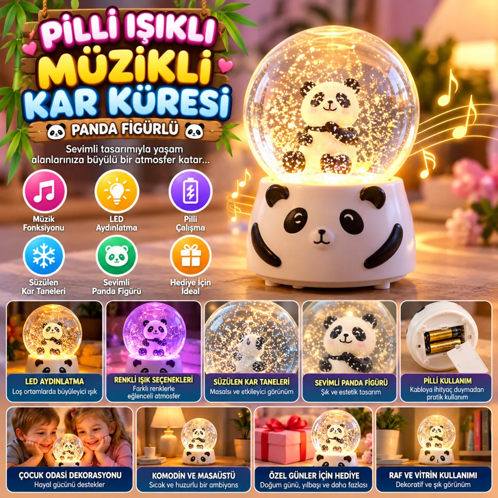 Pilli Işıklı Müzikli Kar Küresi–Sevimli Panda Figürlü Eğlenceli Masaüstü Biblo, LED Aydınlatmalı Dekoratif Hediyelik Kar Küresi