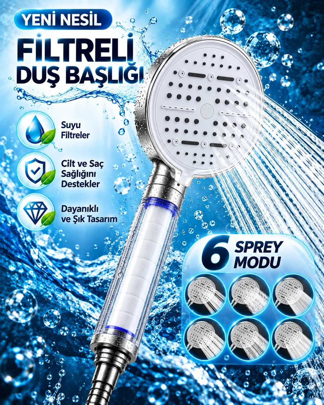 Modern Tasarımlı 6 Modlu Filtreli Duş Başlığı Büyük Panel Metalik Beyaz Duş Aparatı