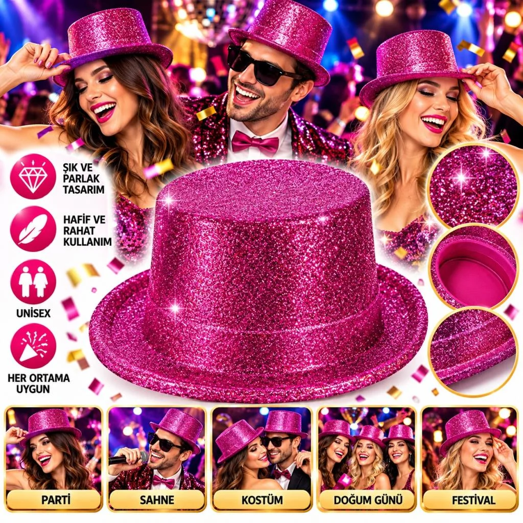 Fuşya Simli Glitter Silindir Parti Şapkası görsel 2