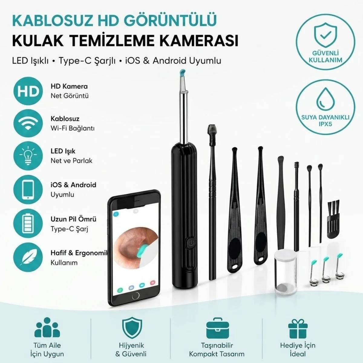 Siyah Kablosuz HD Görüntülü Kulak Temizleme Kamerası, LED Işıklı Type-C Şarjlı iOS ve Android Uyumlu Kulak Temizleme Seti