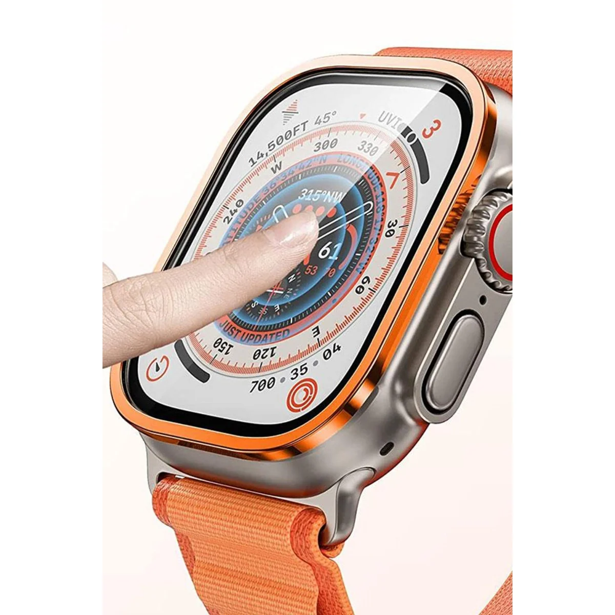 Apple Watch Ultra 49mm Alünyum Kasa Cam Ekran Koruyucu - Turuncu görsel 2