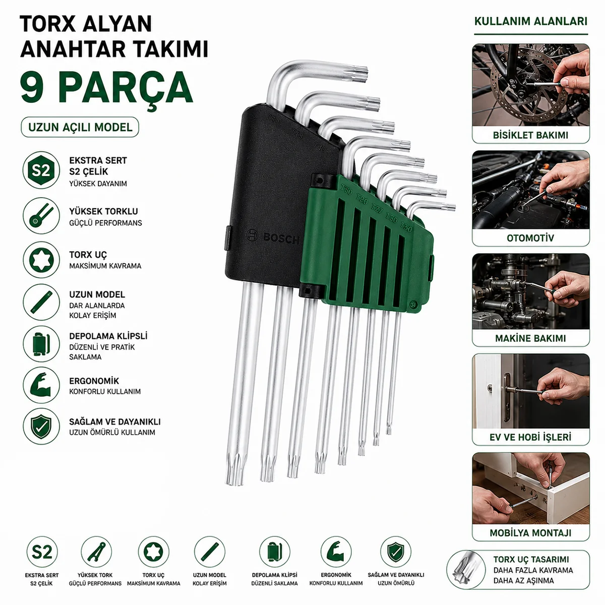 9 Parça Uzun Alyan Anahtar Takımı - Krom görsel 2