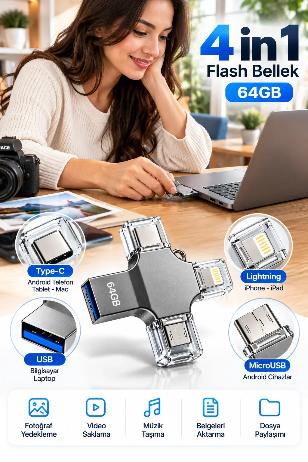 4 Farklı Bağlantı Noktasıyla Telefon ve Bilgisayar Arasında Kolay Veri Aktarımı Sağlayan 64GB Flash Bellek