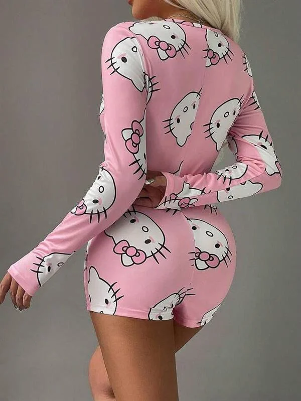 Pamuklu Pembe Hello Kitty Desenli Düğmeli Uzun Kol Tulum Pijama görseli