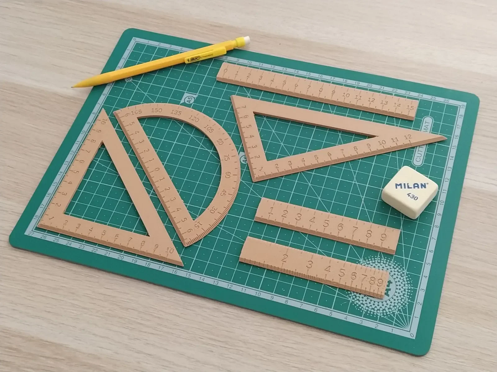 3D Baskı Geometri Cetvel Seti - İletki, Gönye ve Ölçüm Araçları - Bej