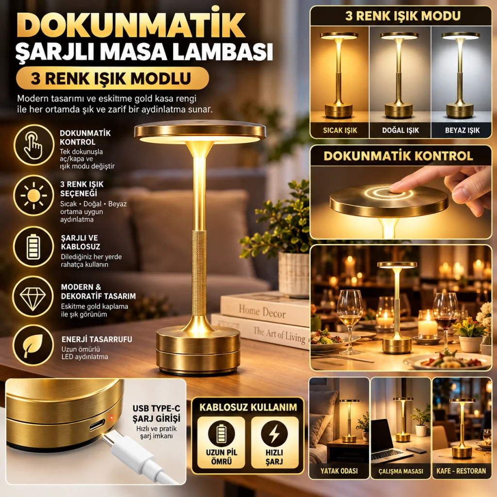Eskitme Gold Kasa Dokunmatik Şarjlı Masa Lambası – 3 Renk Işık Modlu, LED Aydınlatmalı, Modern & Dekoratif Abajur
