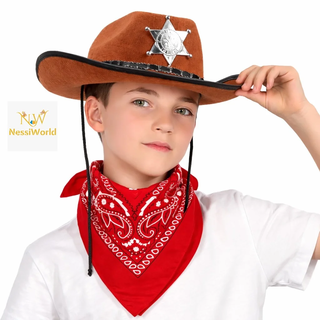 Çocuk Kovboy Şapka Rozetli Kahverengi & Kırmızı Bandana Seti görsel 2