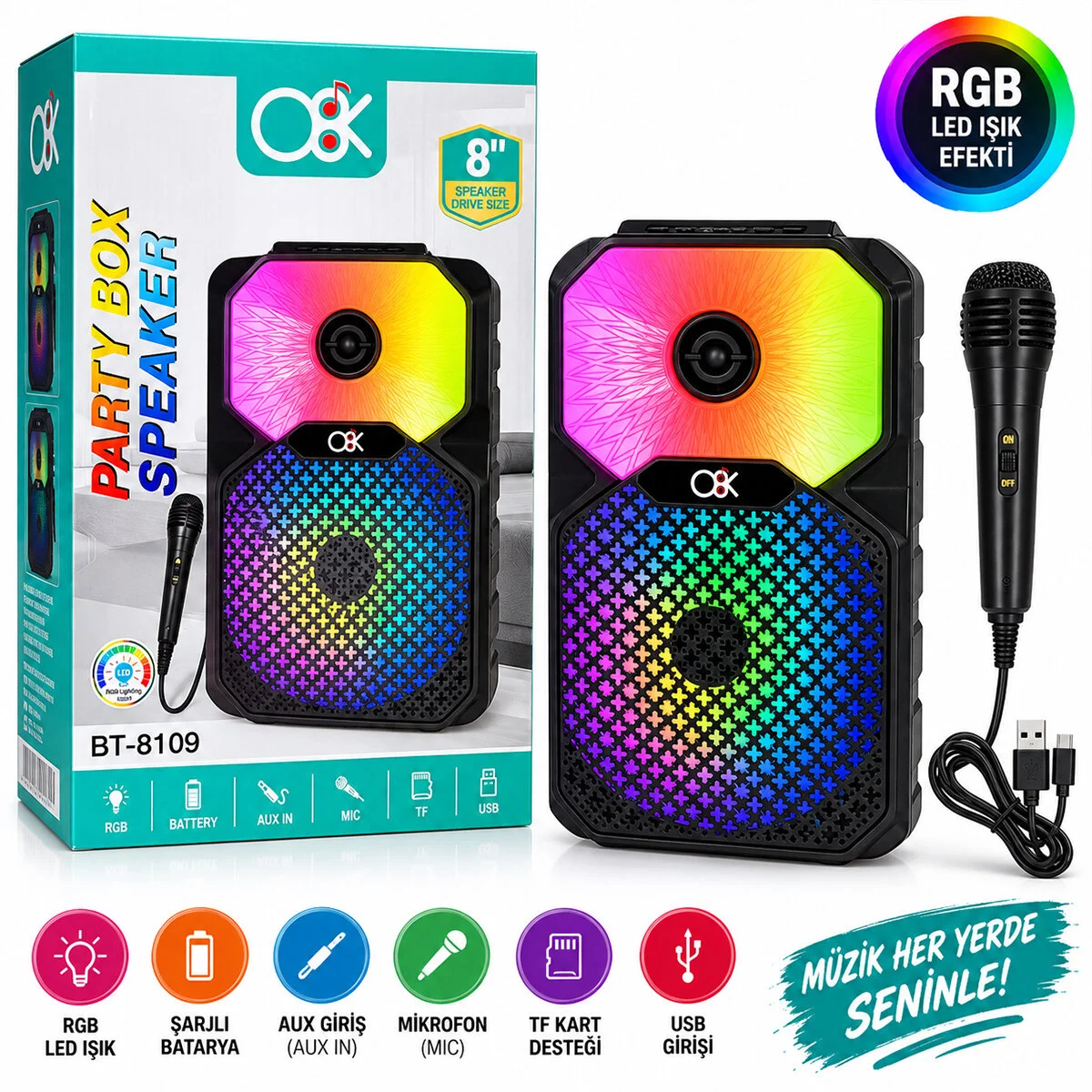 PL-4805 Karaoke Mikrofonlu Speaker Hoparlör Bt - Sd - Usb Sarjlı Rgb Işıklı Dc 5V - Aux 8 Inc BT-8109