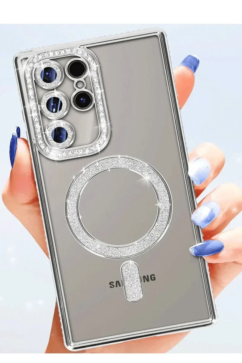 Samsung Galaxy S25 Ultra Kılıf Joke Simli Magneticsafe Kılıf - Gümüş görsel 3