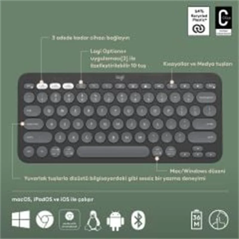 K380S Pebble Keys 2 Çoklu Cihaz Özellikli Bluetooth Türkçe Q Klavye Gri 920-011859 görsel 2