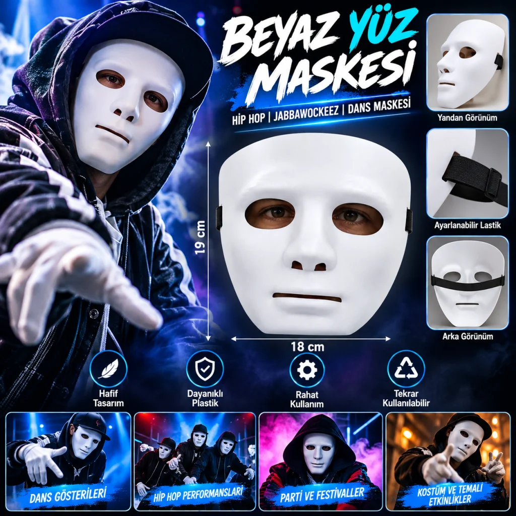 Beyaz Renk Hip Hop Anonim Jabbawockeez Dans Maskesi 18x19 cm