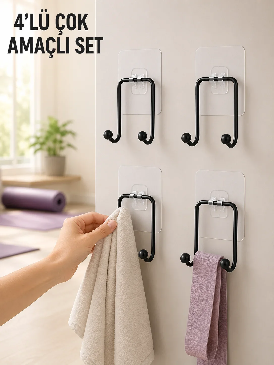 4'lü Duvar Tipi Yapışkanlı Askı Pratik Ev ve Banyo Askılık Seti