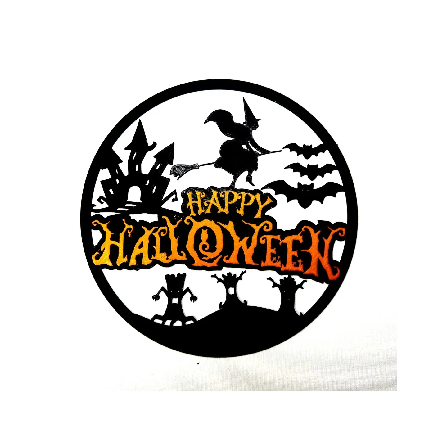 3D Baskı Happy Halloween Yuvarlak Duvar Panosu Cadı Şato Yarasa Silüetli Kapı Süsü Duvar Dekoru Siyah görsel 2