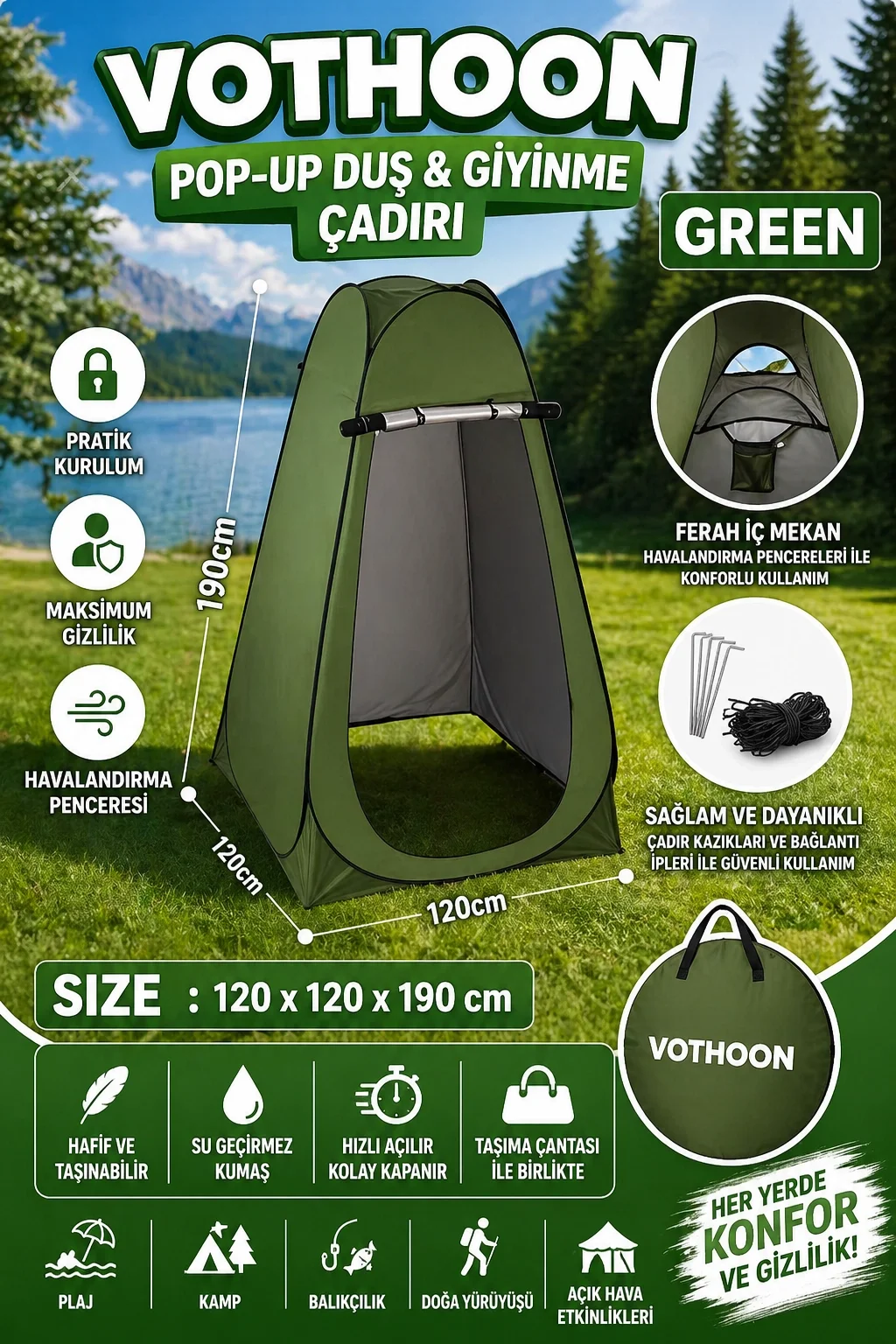Otomatik Kabin Giyinme Çadırı 120x120x190 cm Üst Havalandırma Yan Pencereli Duş & WC Çadırı