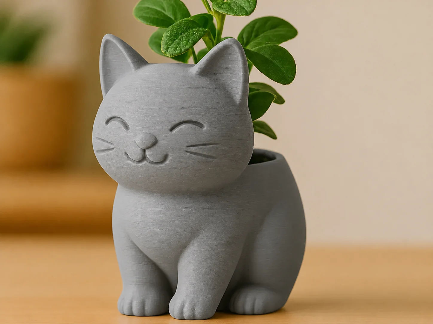 3D Baskı Sevimli Kedi Saksı - Figürlü Sukulent Saksısı-Gri