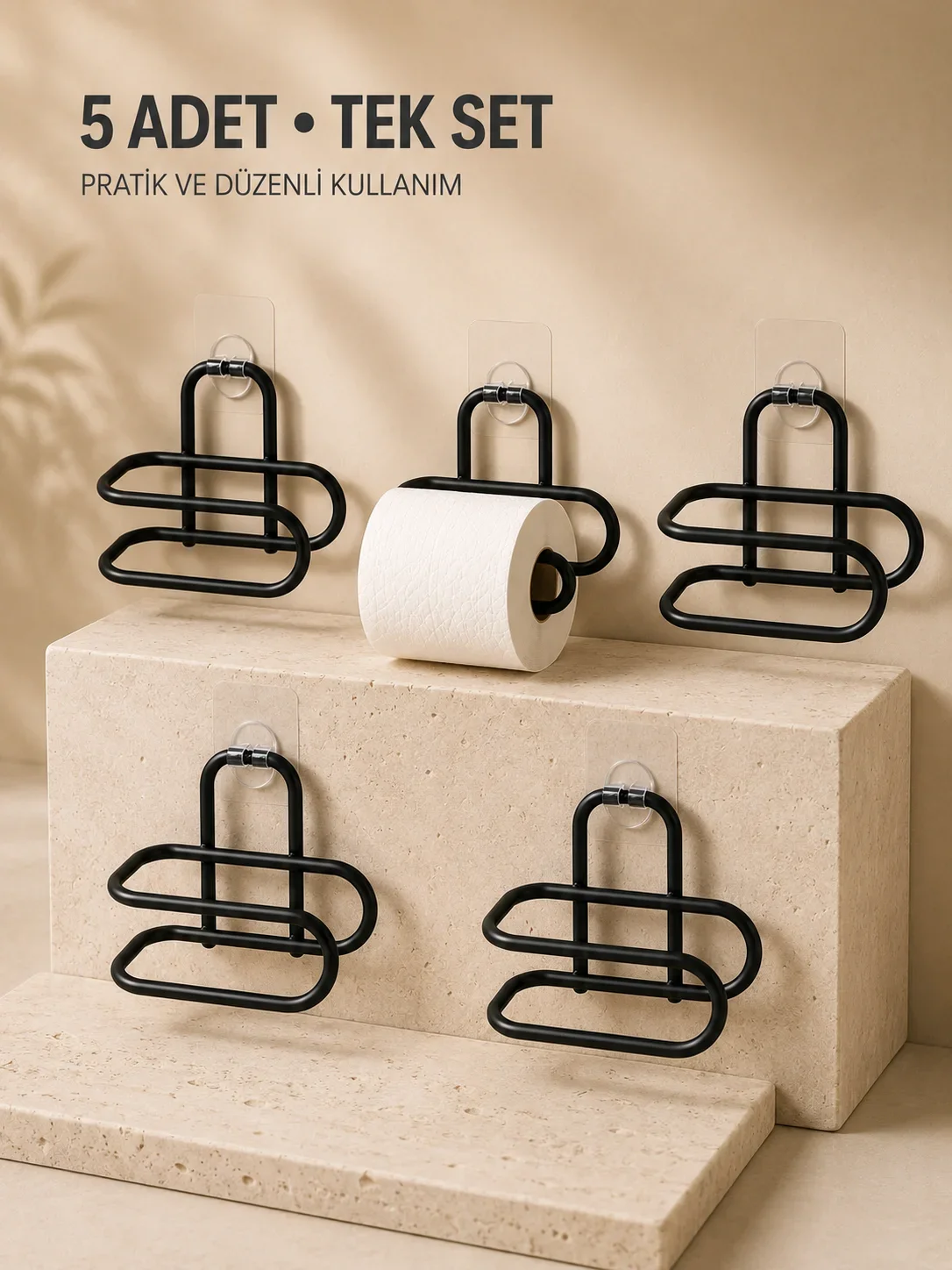 Delmeden Monte Tuvalet Kağıdı Askısı Siyah Metal Yapışkanlı Banyo Kağıtlığı 5’li Set