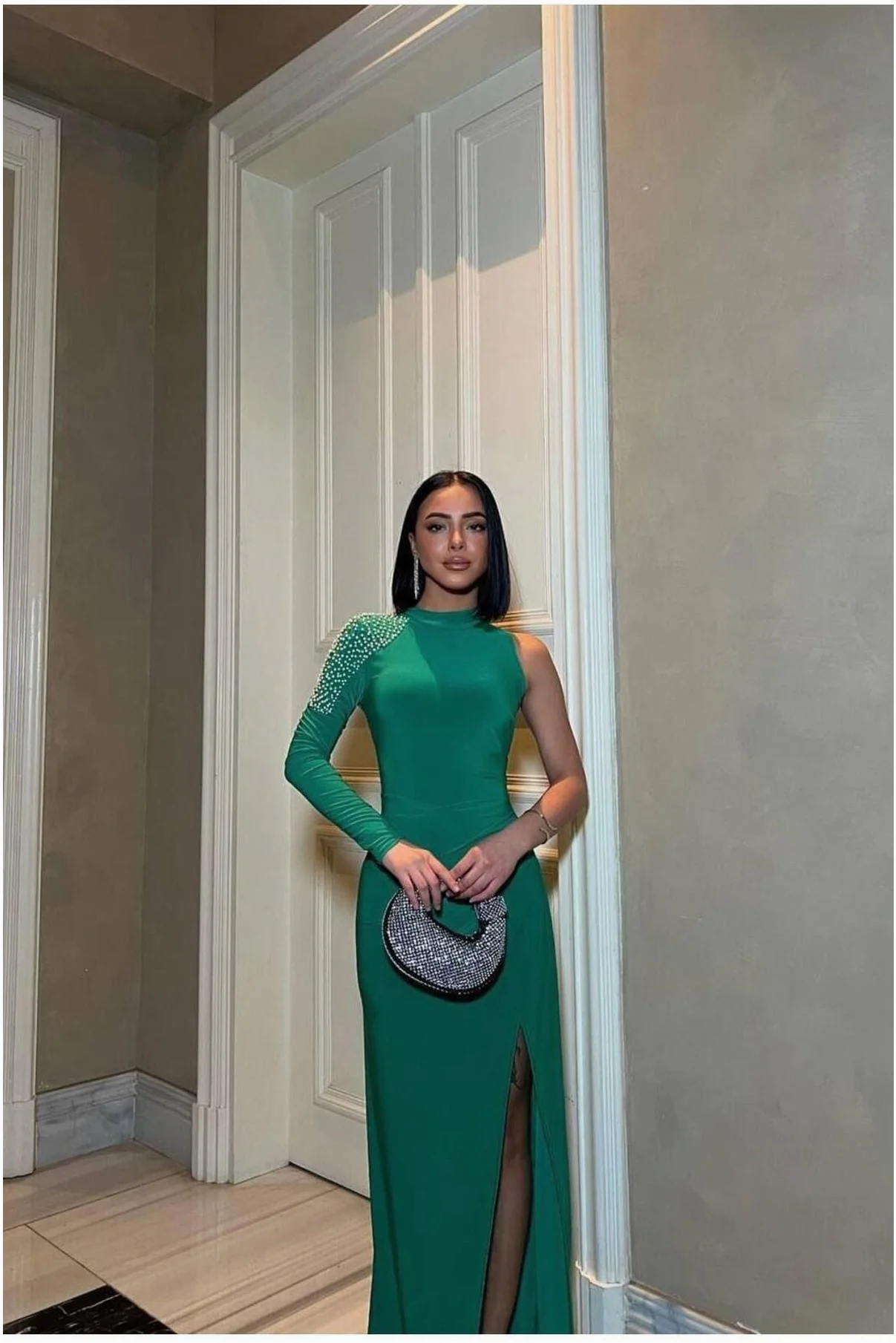 Kadın Yeni Sezon Bisiklet Yaka Tek Kollu Abiye Elbise görsel 3