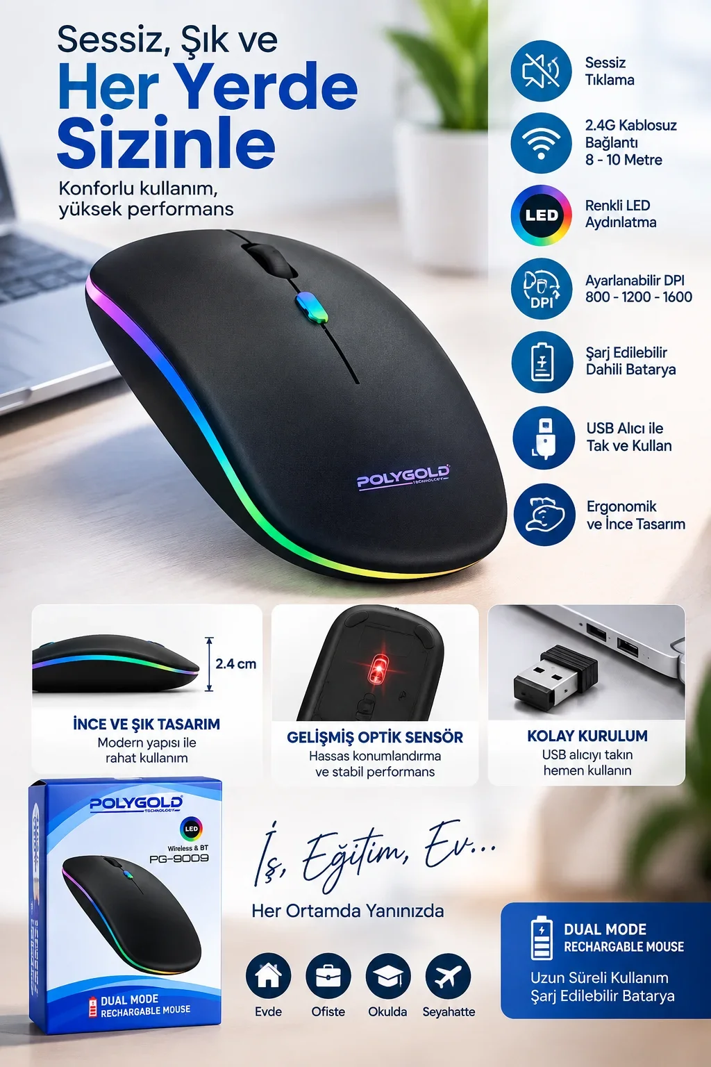 8 10 Metre Menzilli Şarj Edilebilir Kablosuz Mouse görsel 2