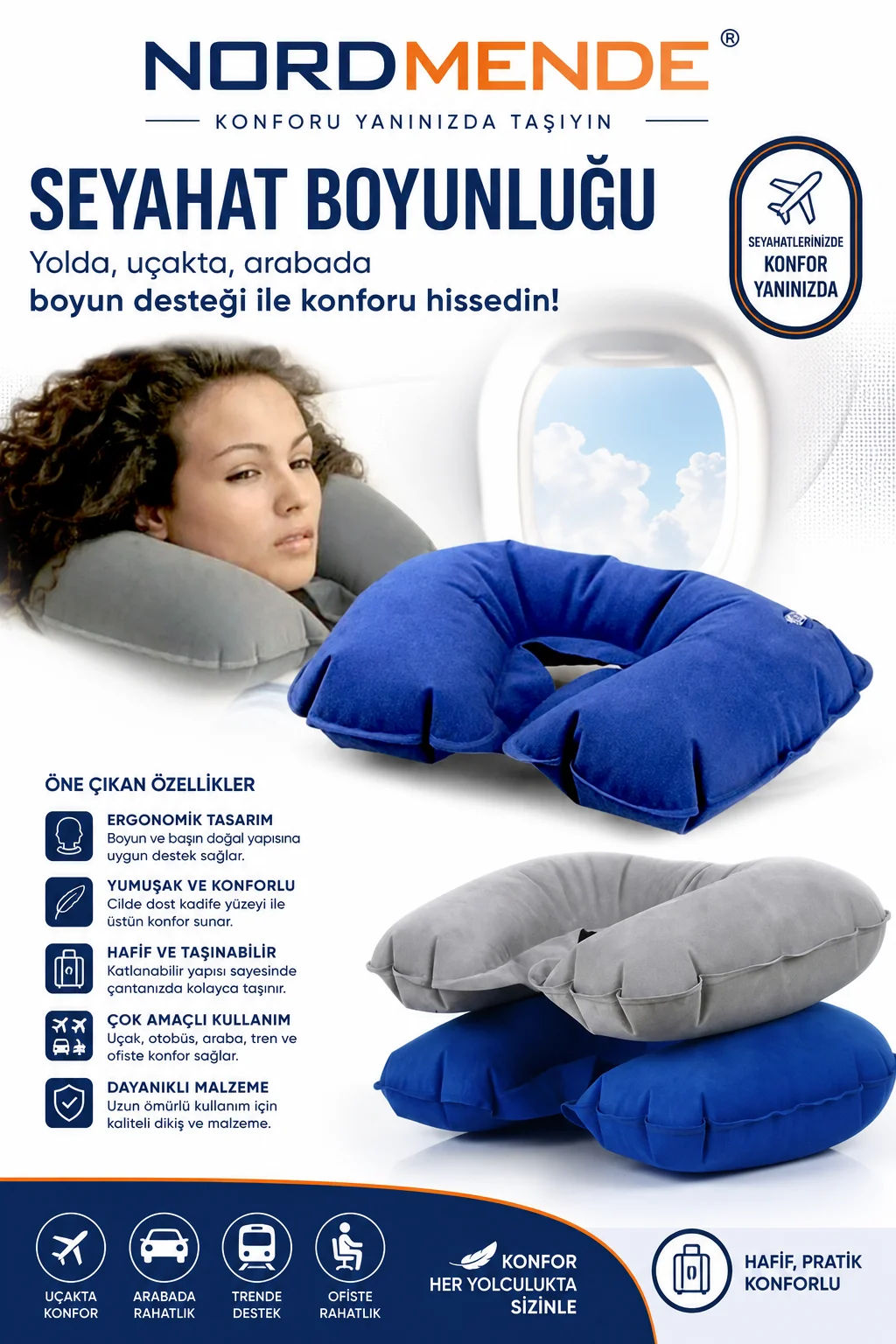 NORDMENDE Premium Seyahat Boyunluğu Uçak Otobüs Araç Ofis İçin Ergonomik Boyun Destek Yastığı