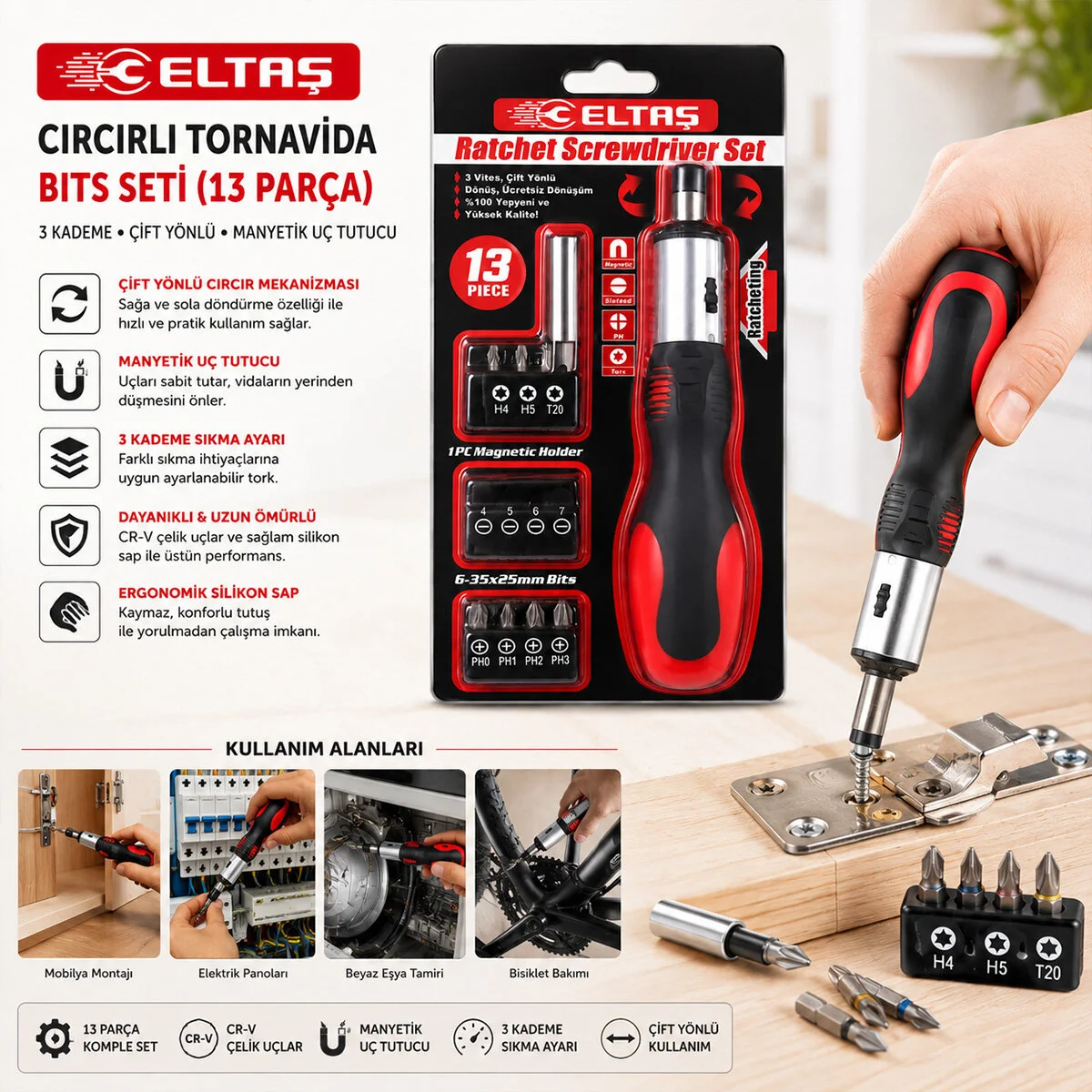 13PCS Silikon Sap - Cr-v Cırcırlı Tornavida Bits Seti 3 Kademe - Çift Yönlü - Manyetik Uç Tutucu görsel 2