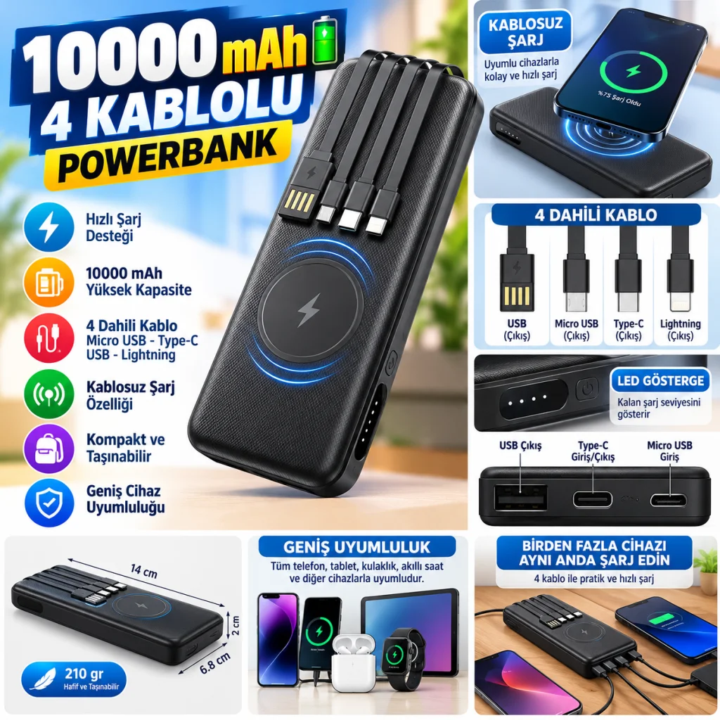 10000 mAh Micro Type-C USB Lightning 4 Kablolu Hızlı Kablosuz Şarj Powerbank