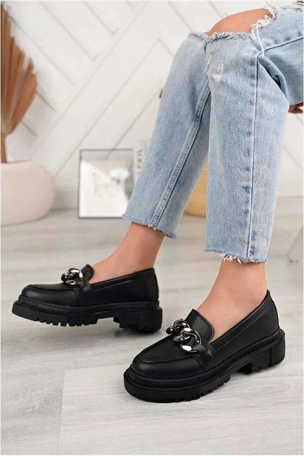 Kadın Loafer Ayakkabı Ayakkabı Zincirli Bağcıksız Taban Kalın Casual