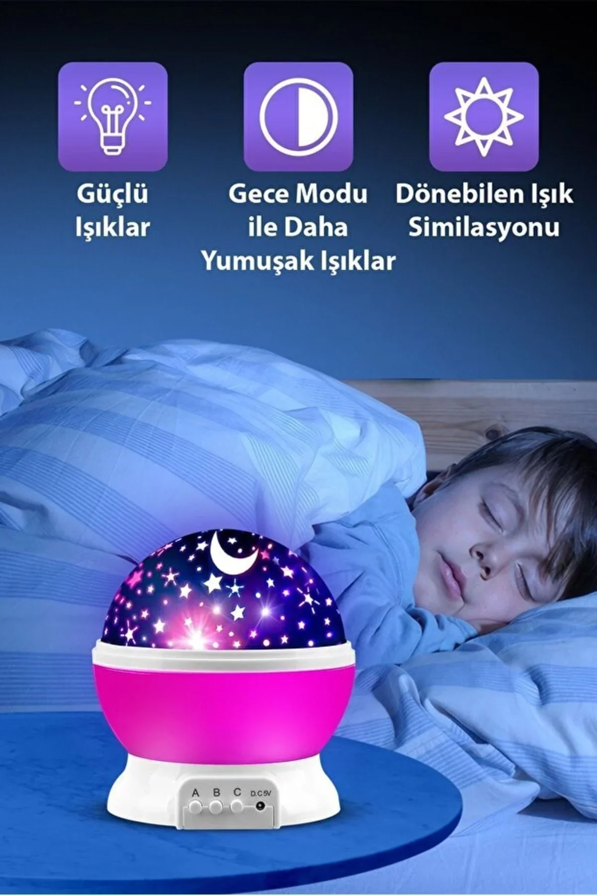 Ay ve Yıldızlı Gökyüzü Yansıtmalı Dönen Projeksiyon Gece Lambası- Çocuk Bebek Odası Pembe görsel 3
