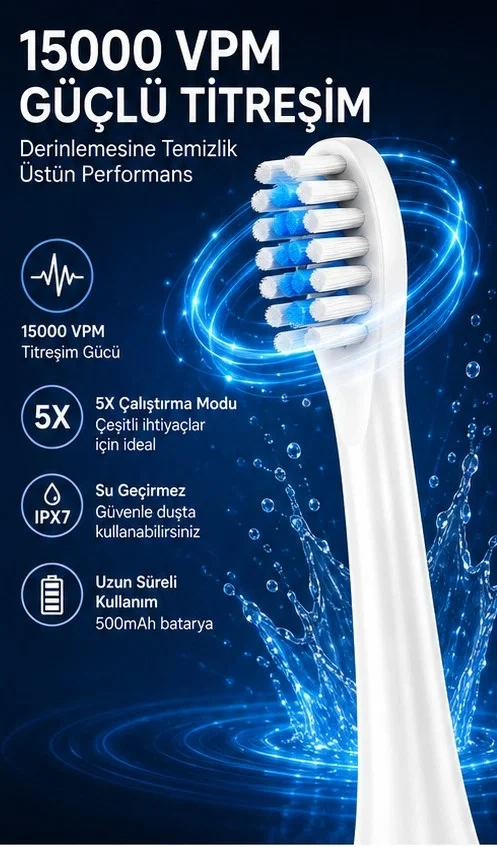 Şarjlı Diş Fırçası 15000 Vpm Titreşim Gücü, 500mah Batarya, 5 Tezlik Modu Beyaz görsel 5