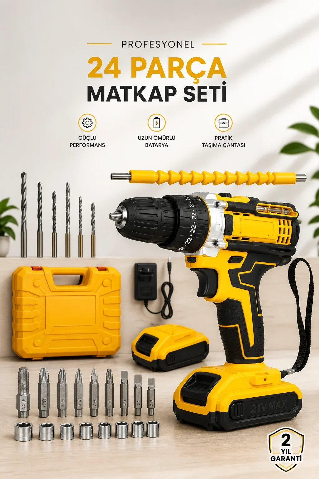 24 Parça Çift Bataryalı Şarjlı Matkap Seti 24W Motor ve Otomatik l Kilitli Tasarım