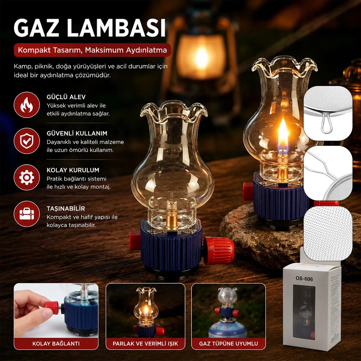 Dekoratif Taşınabilir Gaz Lambası - Cam Hazneli, Gaz Kartuş Uyumlu görsel 5