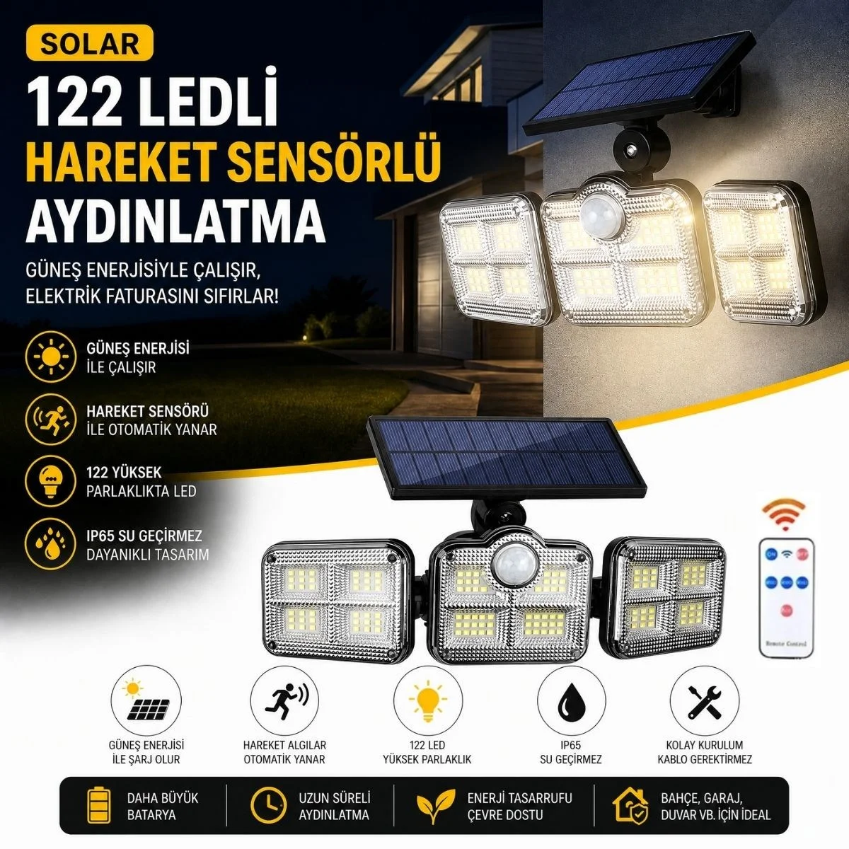 3'lü 122 LEDLİ Güneş Enerjili Hareket Sensörlü Aydınlatma, Dış Mekan Duvar ve Bahçe Lambası Solar LED