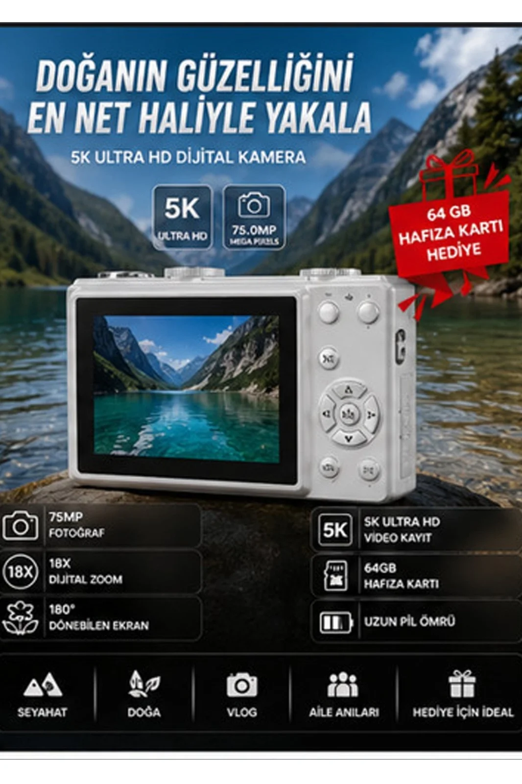 5K 75MP HD Dijital Kamera 18X Dijital Zoom, Flaşlı,3.0 inç Ekranlı Fotoğraf Makinesi görsel 3
