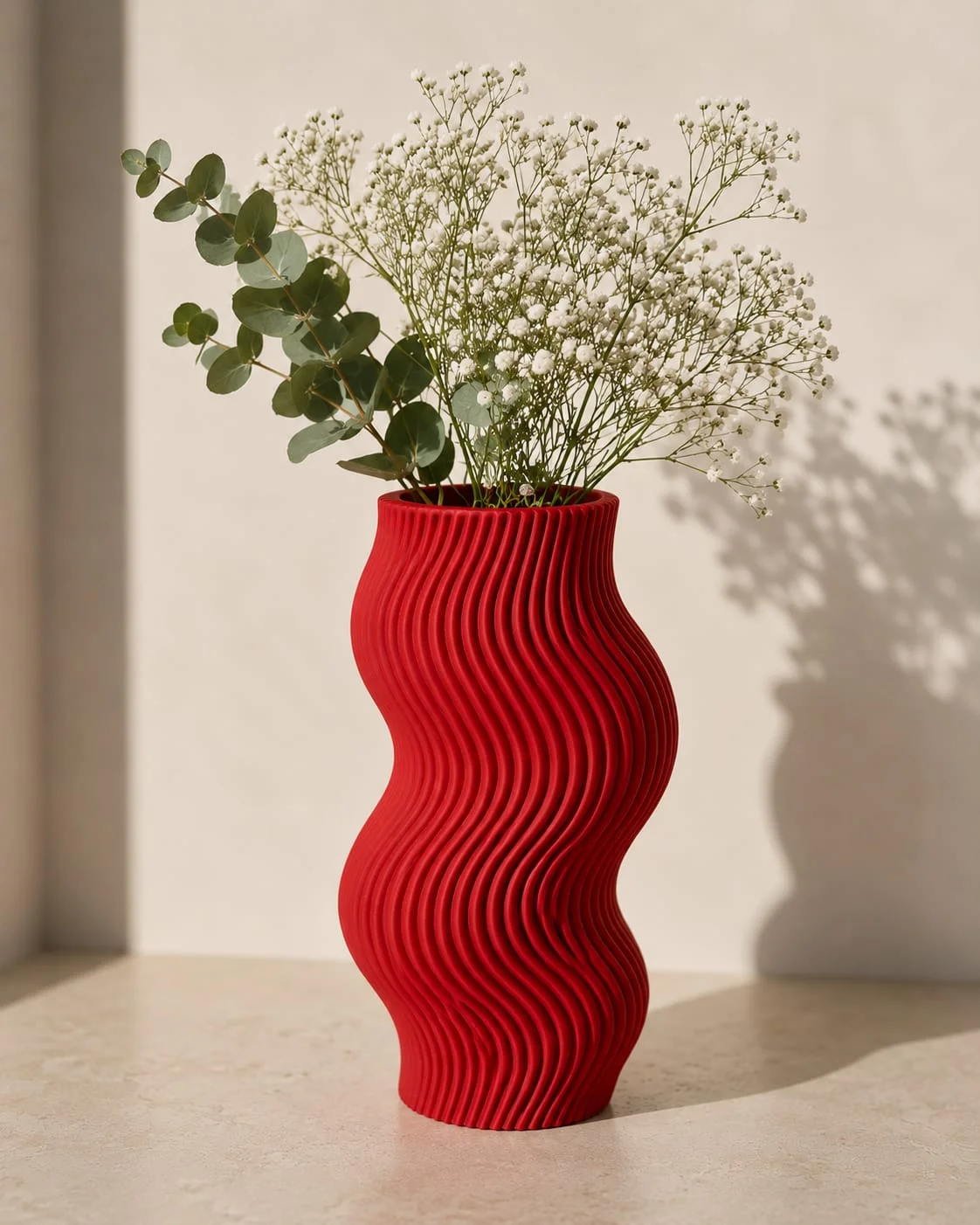 3D Baskı Dalgalı Dekoratif Vazo - Modern Masaüstü ve Ev Dekorasyon Objesi-Kırmızı