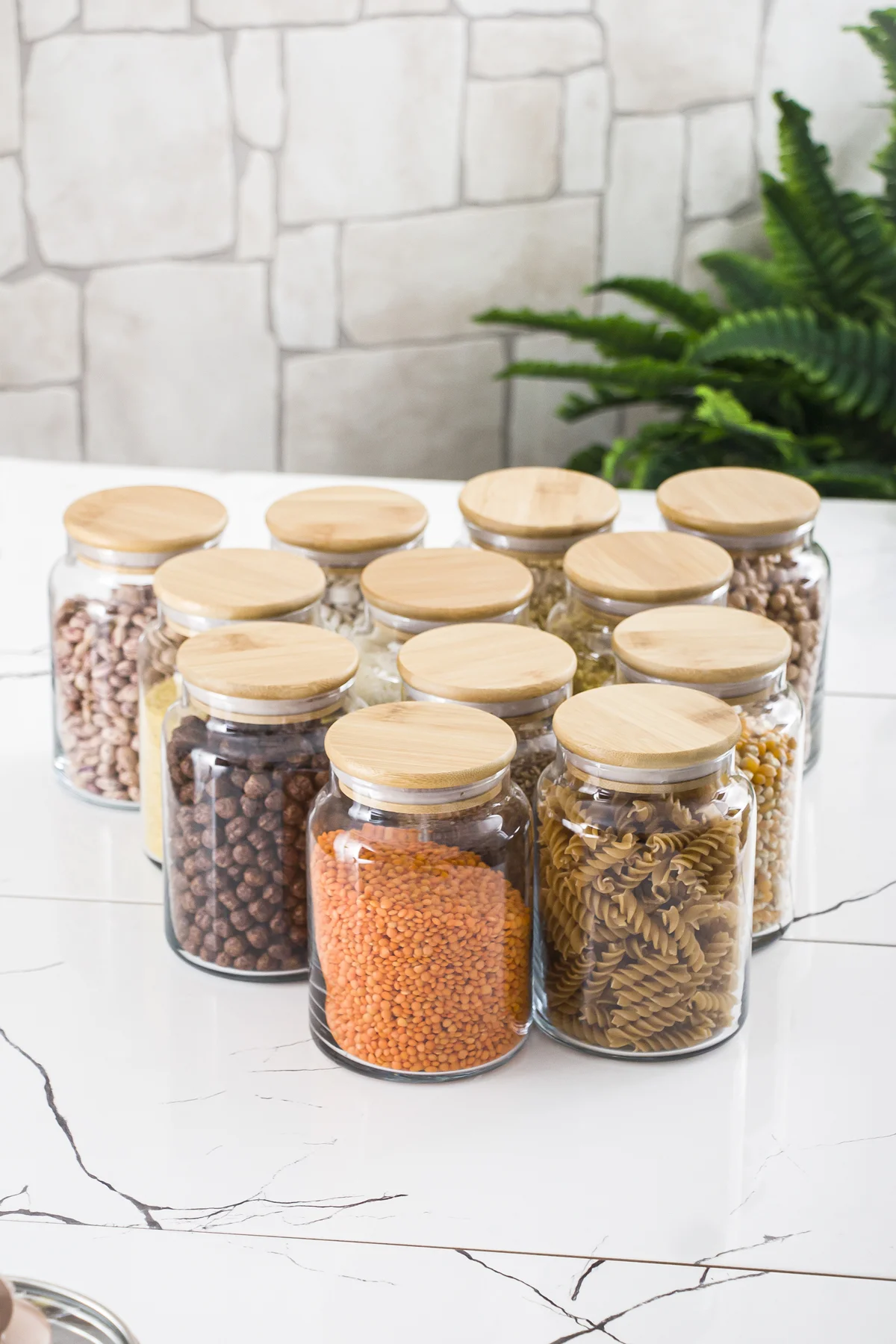 12 Lü Set Bambu Kapaklı Cam Kavanoz & Erzak Saklama Kabı 800 ml Orta Boy ( Vakum Kapak ) görsel 2