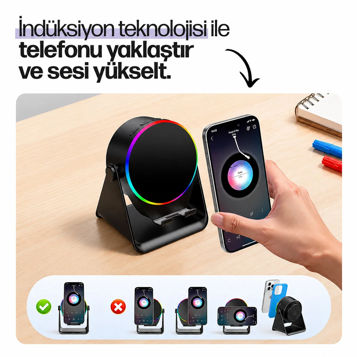 SOUNDPAD 5IN1 - 5W - 2000mAh TEMAS İLE SES YÜKSELTME - TELEFON STAND - USB-C ŞARJ BEYAZ İNDİKSİYON SES YÜKSELTİCİ BLUETOOTH HOPARLÖR SPEAKER EKD-S11 görsel 3