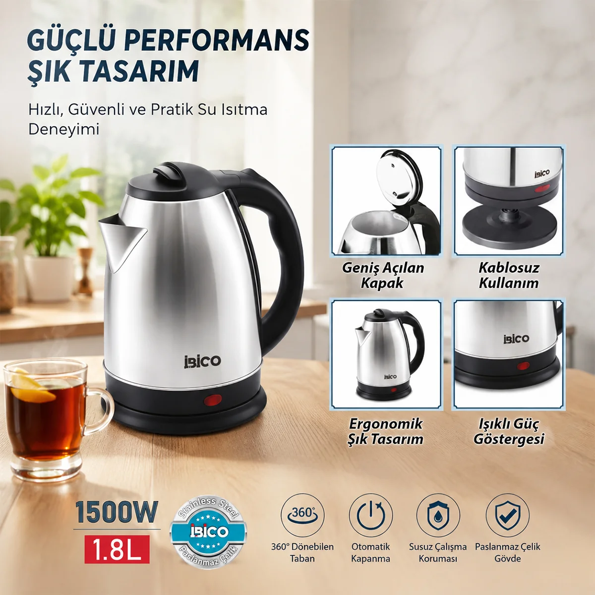 Elektrikli Su Isıtıcısı 1.8L 1500W Paslanmaz Çelik görsel 4