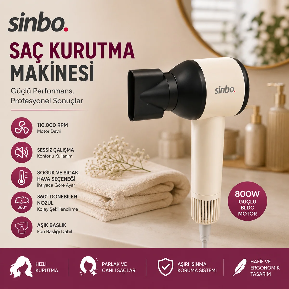 Pembe Saç Kurutma Makinesi - 110.000 RPM, 3 Hız & Isı Ayarı görsel 2