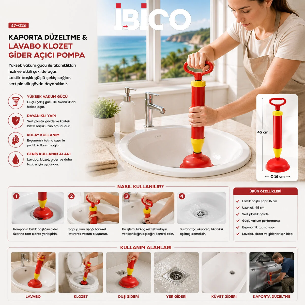 Kaporta Düzeltme - Lavabo Klozet Gider Açıcı Pompa Lastik Başlık - Sert Plastik Gövde ÇAP=16 Cm görsel 2