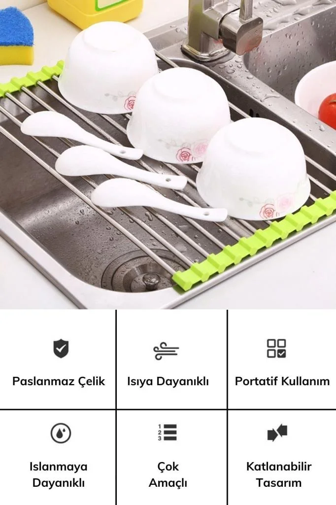 Evye Üstü Katlanır Nihale Paslanmaz Çelik Pratik Sebze Meyve Bulaşık Kurutma Süzgeci (adet fiyatıdır) görsel 2