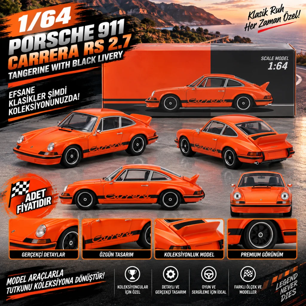 1/64 Porsche 911 Carrera RS 2.7 Tangerine with Black Livery (adet fiyatıdır) görsel 4