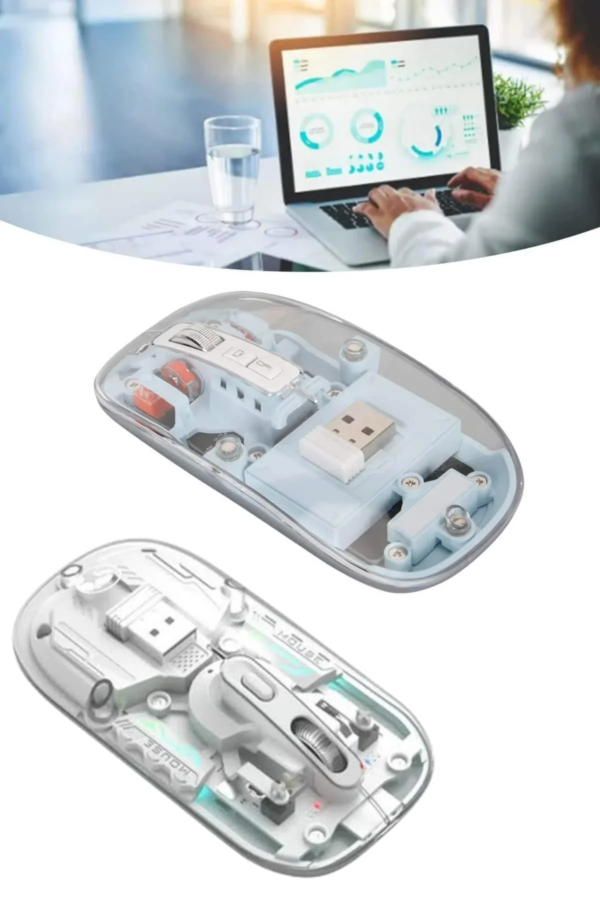 Sessiz Tıklama Çift Modlu Bluetooth Ve Alıcı Şeffaf Mouse Fare görsel 3