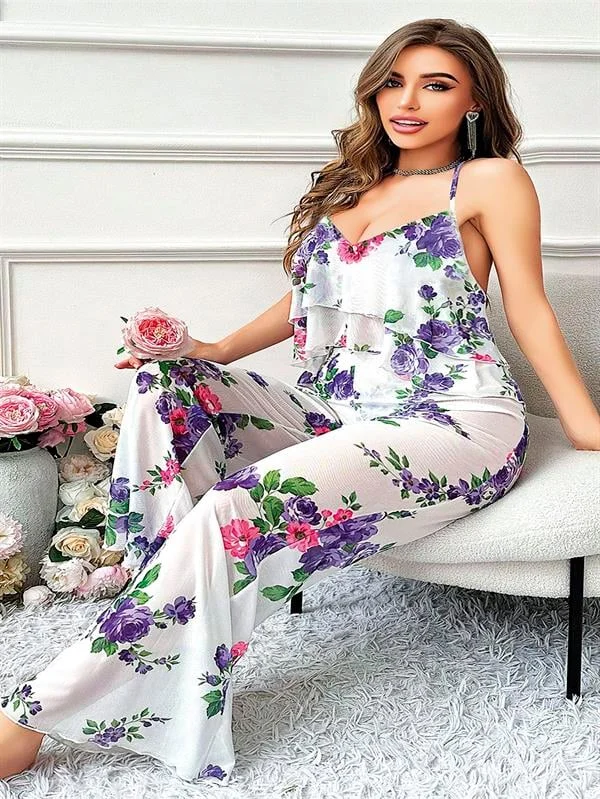 Özel Tasarım Büyük Beden Çiçek Desenli Fırfırlı 2'li Pijama Takımı görsel 2