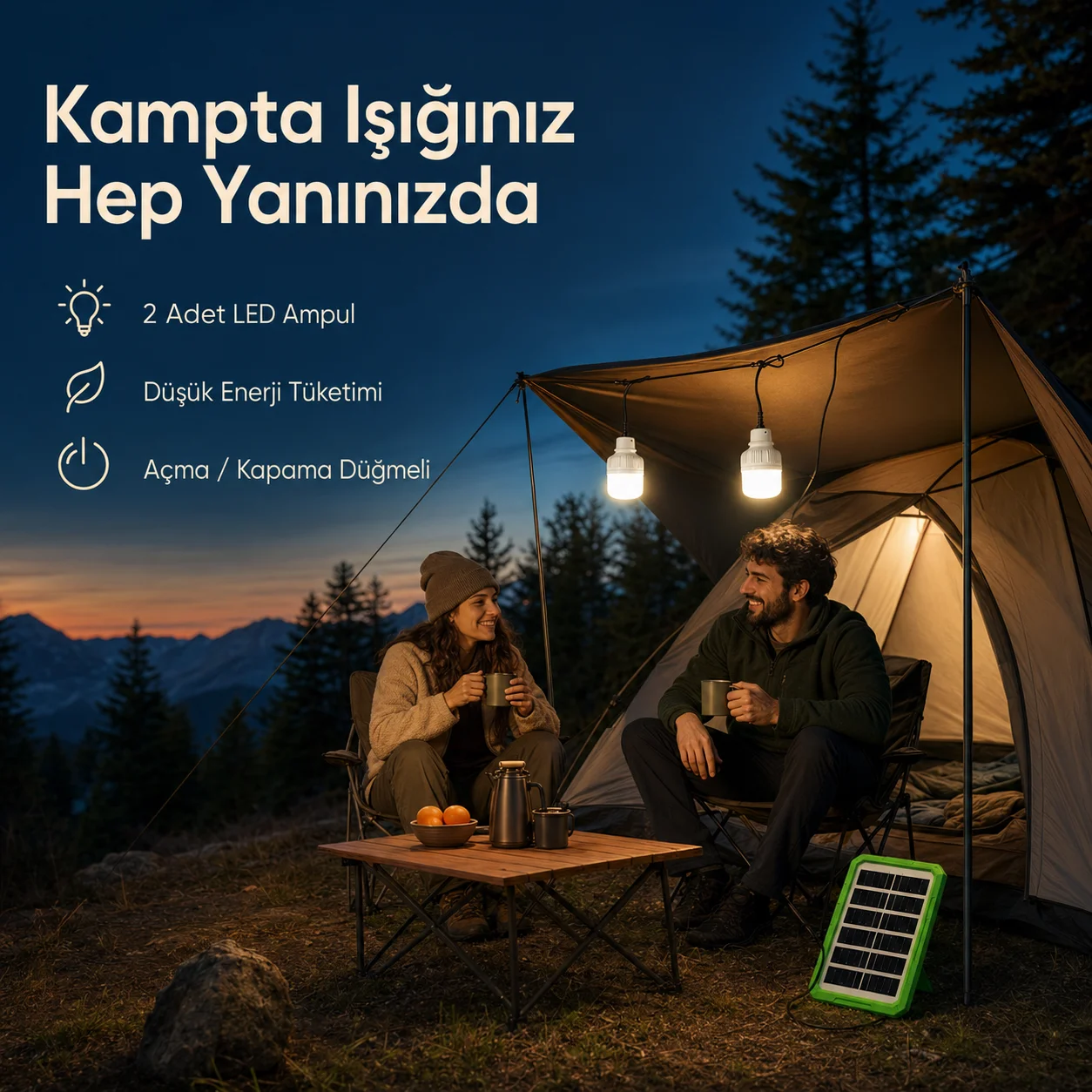 6V 3.5W Solar Panel Sistemli Taşınabilir Aydınlatma Seti – 2 LED Ampullü Kamp Lambası görsel 3