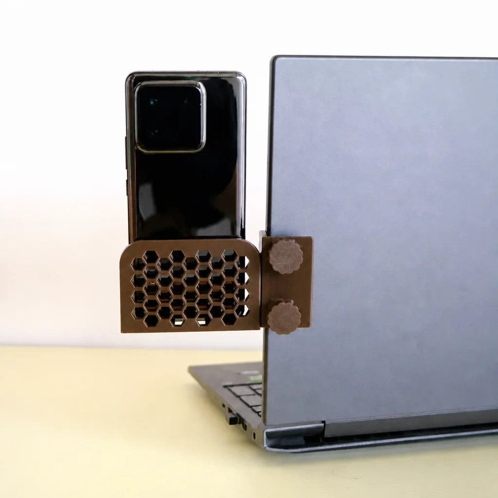3D Baskı Monitor Telefon Tutucu - Petek Desenli Laptop Kenar Telefon Tutucu-Kahverengi görsel 3