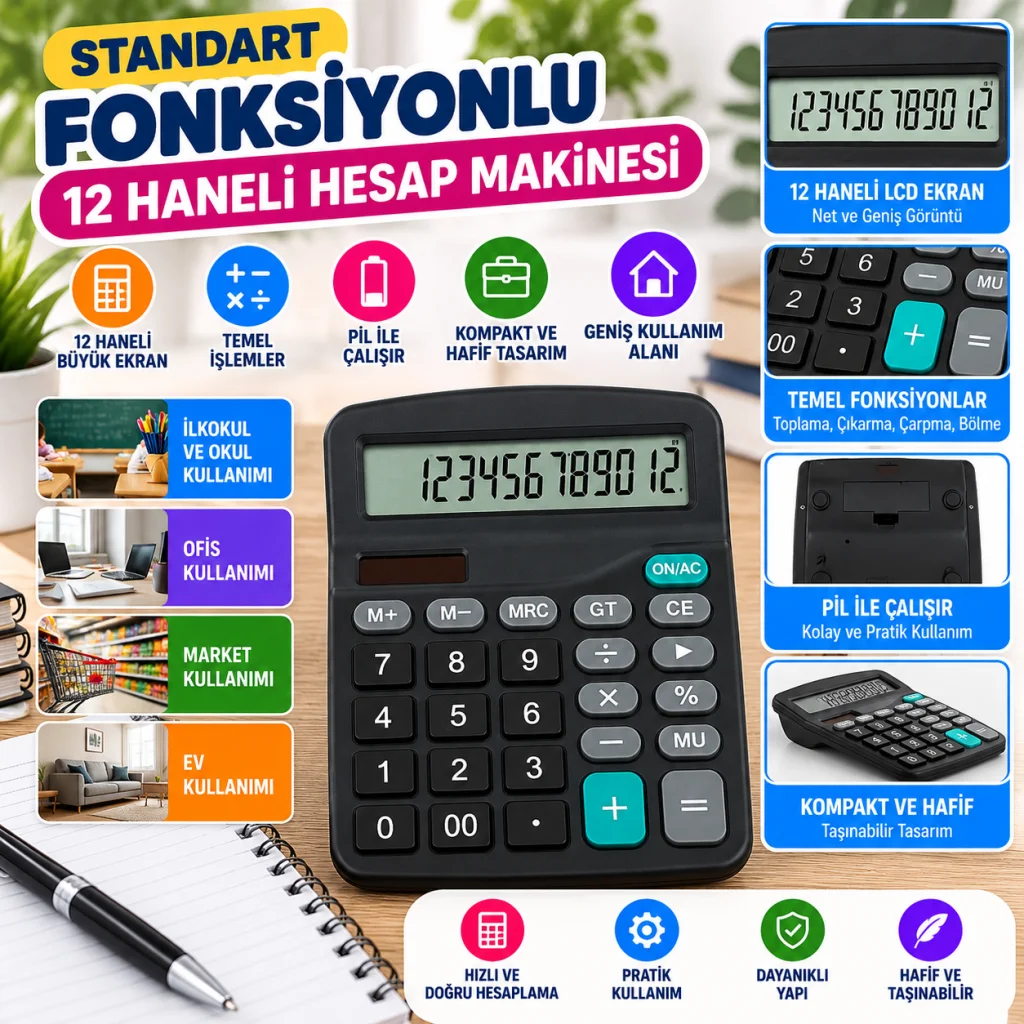 Standart Fonksiyonlu 12 Haneli Geniş LCD Ekran,Pill Masaüstü Hesap Makinesi (adet fiyatıdır)