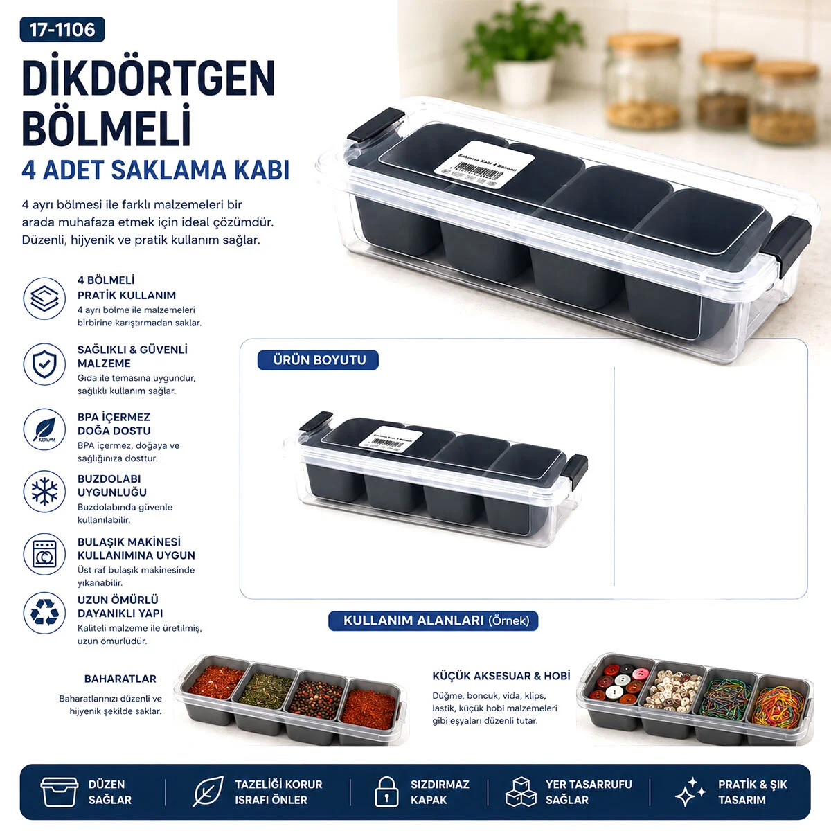 35X7CM Şeffaf Kutu - Siyah Bölme Dikdörtgen Bölmeli Saklama Kab görsel 3