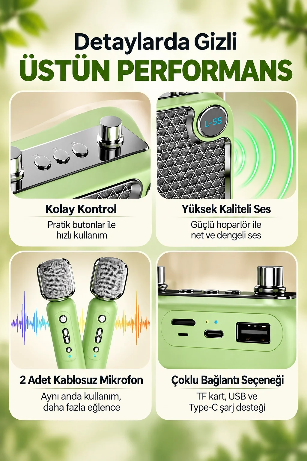Bluetooth Karaoke Hoparlör 2 Mikrofonlu Taşınabilir Şarjlı Müzik Seti Ses Değiştirme Özl yeşil görsel 2
